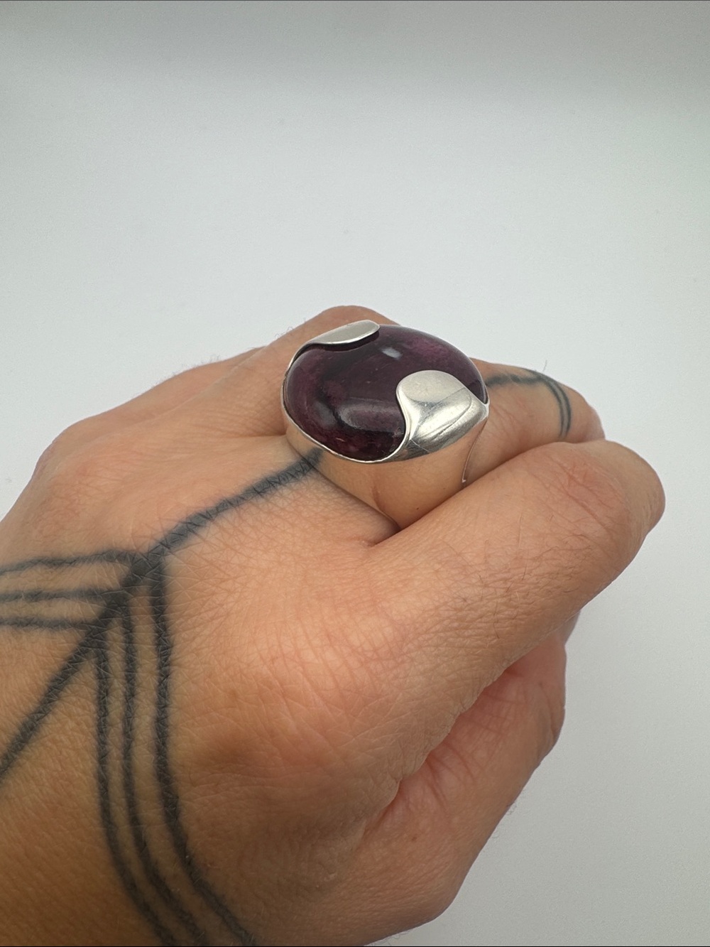 950 Silver Statement Ring with Deep Burgundy Cabochon